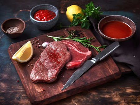 Raw beef steak with spices and herbs on a wooden cutting board. AI Generativeの素材