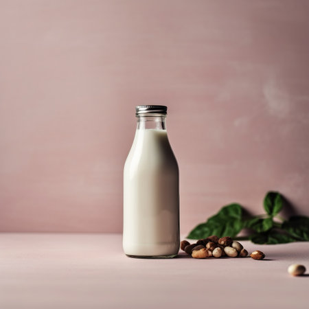 Bottle of milk and nuts on pink background. Healthy food concept. AI Generativeの素材