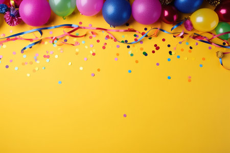 Colorful balloons and confetti on yellow background. Space for text. AI Generativeの素材
