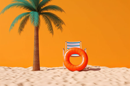 Beach chair with an inflatable ring and a palm tree on an orange background. AI Generativeの素材