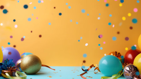 Colorful balloons and confetti on blue table with yellow background. AI Generativeの素材