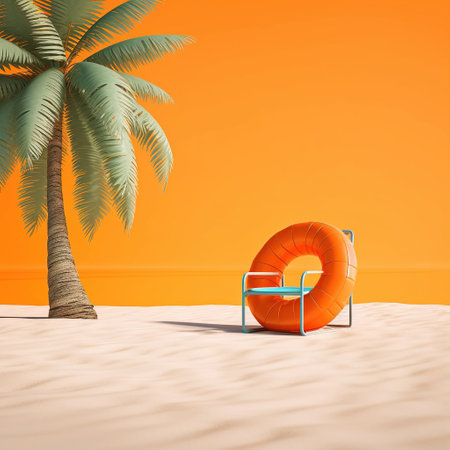 Beach chair with lifebuoy on orange background. AI Generativeの素材