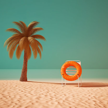 Orange lifebuoy and palm tree on the beach. AI Generativeの素材