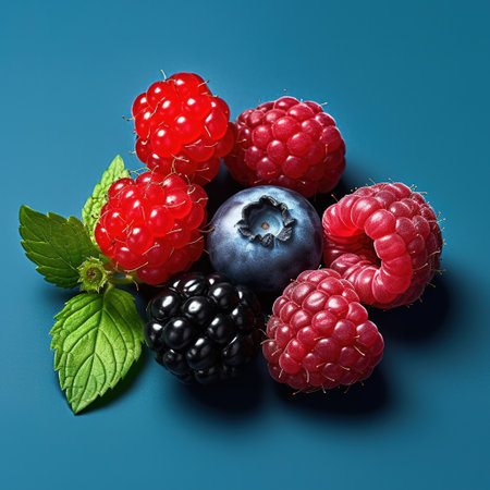 Raspberries, blueberries and blackberries on a blue background. AI Generativeの素材
