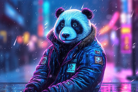 Panda astronaut on the background of night city. AI generatedの素材