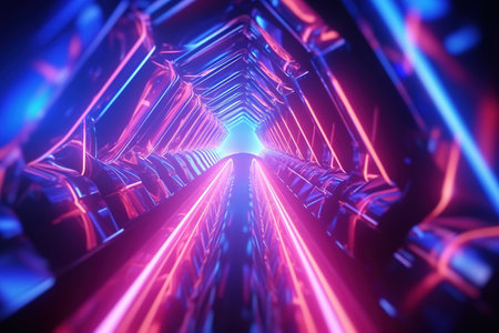 Abstract futuristic scifi tunnel corridor with neon glowing lights. AI generatedの素材