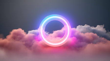 Abstract background with neon circle. Glowing neon circle in the clouds. AI generatedの素材