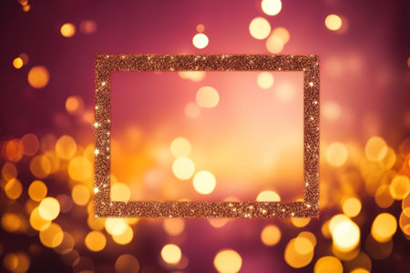 Golden glitter frame on bokeh lights background. Copy space. AI generatedの素材