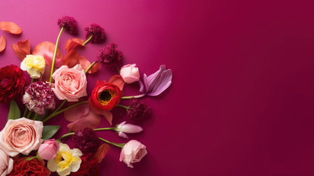 Flowers composition. Colorful spring flowers on pink background. Flat lay, top view, copy space. AI generatedの素材