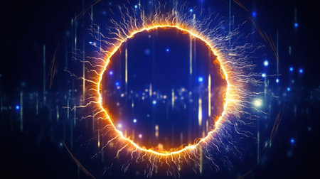 Glowing electric ring on dark blue background. AI Generatedの素材