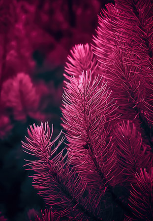 Close up of pine tree branches. Color toned. Selective focus. AI Generatedの素材