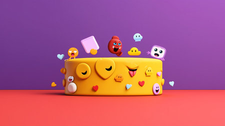 Yellow cake with emoticons isolated on purple background. AI Generatedの素材
