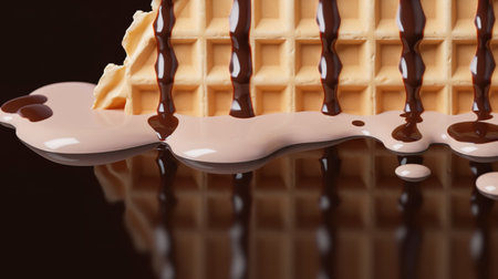 Wafers with chocolate syrup on a dark background close-up. AI Generativeの素材