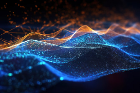 3D illustration of abstract digital wave with particles and bokeh effect. AI Generativeの素材