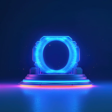 Glowing neon round frame on blue background. AI Generatedの素材