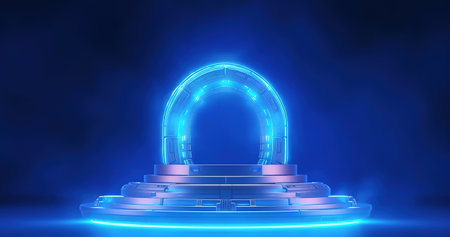 Abstract background, empty podium, neon light, round stage, pedestal. AI Generatedの素材