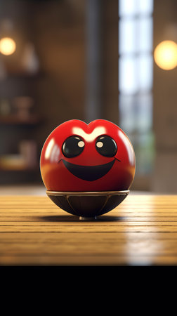 Red heart with smiley face on wooden table, AI Generatedの素材