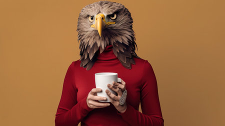 Portrait of eagle with cup of coffee in his hands against brown background. AI Generatedの素材