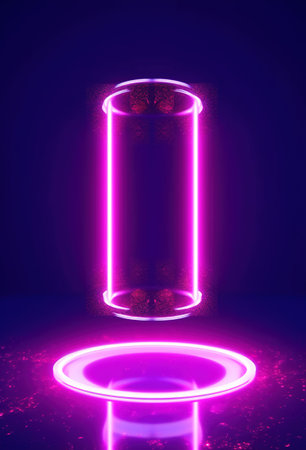 Neon cylinder on a dark background. AI Generatedの素材