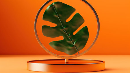 Tropical leaf in round frame on orange background. AI Generatedの素材