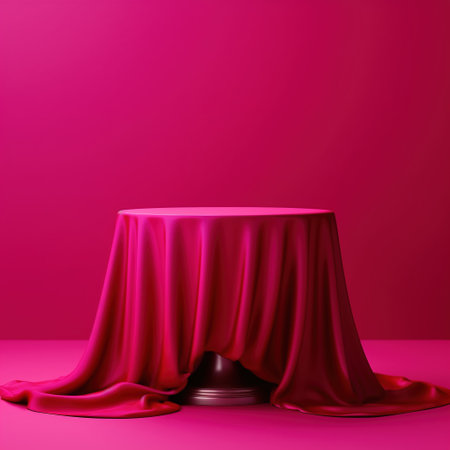 Podium with red velvet cloth on a pink background. AI Generatedの素材