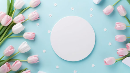 Flowers composition. Frame made of pink tulips on pastel blue background. Flat lay, top view, copy space. AI Generatedの素材