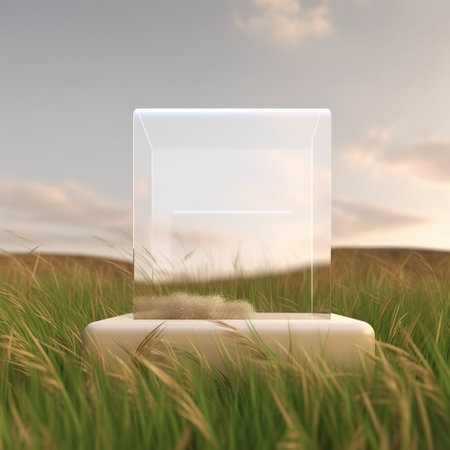 An empty glass showcase in the green grass. AI Generatedの素材
