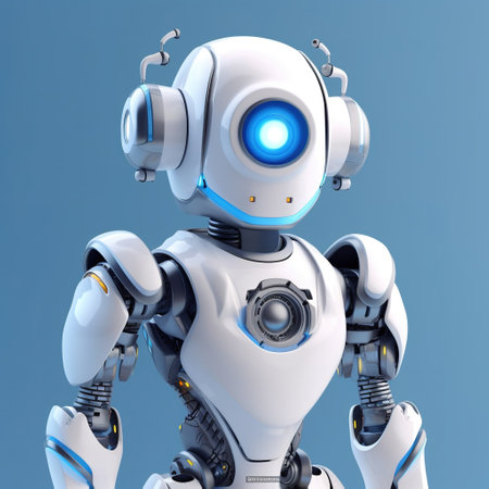 Robot with headphones isolated on blue background. AI Generatedの素材