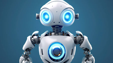 Robot with blue eyes isolated on blue background. AI Generatedの素材