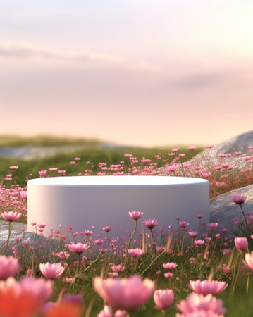 White podium with pink cosmos flowers in the field. AI Generatedの素材
