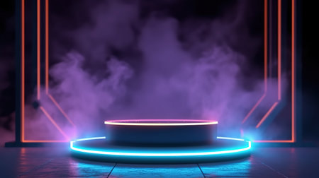 Podium, pedestal or platform illuminated by neon lights. Mock up, 3AI Generatedの素材