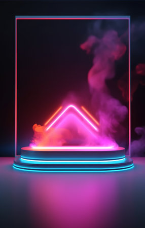 Abstract background, neon light, podium, pedestal. AI Generatedの素材