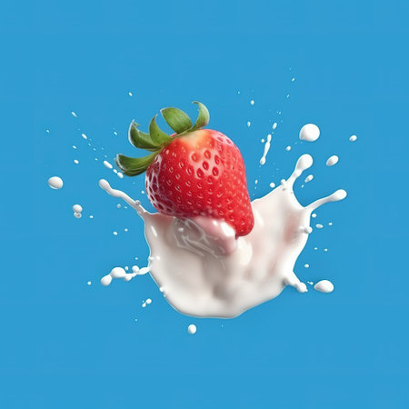 Splash of milk with strawberry on blue background. AI Generatedの素材