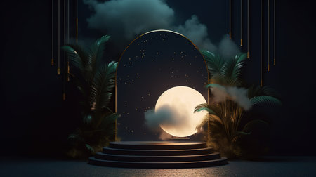 Minimal scene with podium, palm trees and moon. AI Generatedの素材