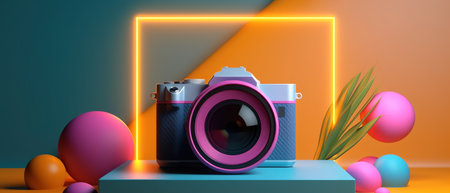 3d illustration of retro camera and easter eggs on colorful background. AI Generatedの素材