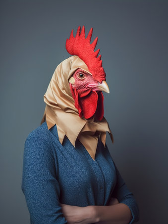 Portrait of a beautiful woman with a rooster on her head. AI Generatedの素材