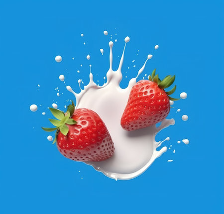 Strawberries in milk splash on blue background. AI Generatedの素材