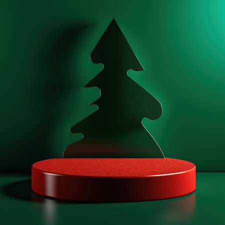 Christmas tree and podium on a green background. AI Generatedの素材