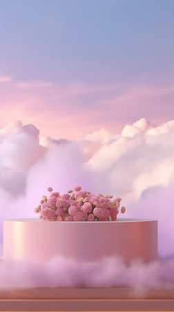 Podium with pink flowers on a background of clouds. AI Generatedの素材