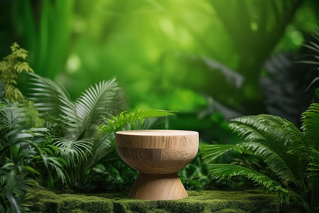 Wooden podium in the tropical garden. AI Generatedの素材