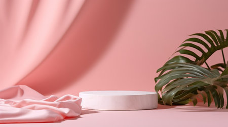 Minimal scene with podiums and tropical leaves. AI Generatedの素材