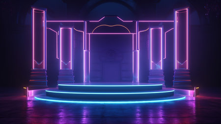 Stage Podium Scene with neon lights, Laser show. AI Generatedの素材