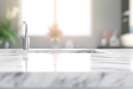 Close up of white marble countertop in modern kitchen with blurry background. AI Generatedの素材