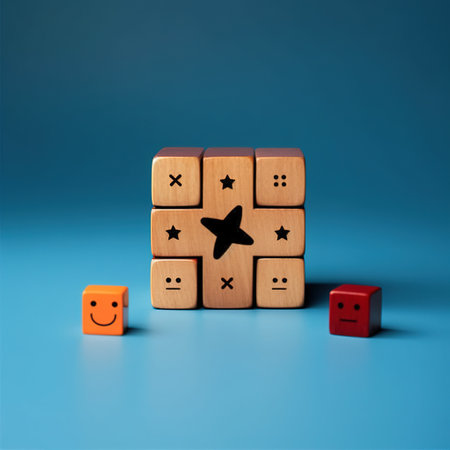 Wooden cubes with emotions on a blue background. AI Generatedの素材
