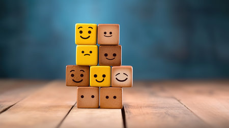 Smiley face icon on wooden cubes. Customer service and satisfaction concept. AI Generatedの素材