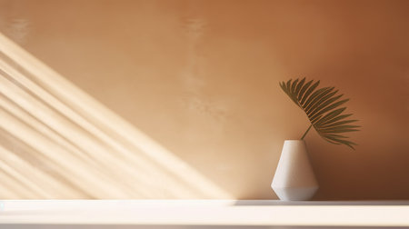 White vase with palm leaf on white table against orange wall with shadows. AI Generatedの素材