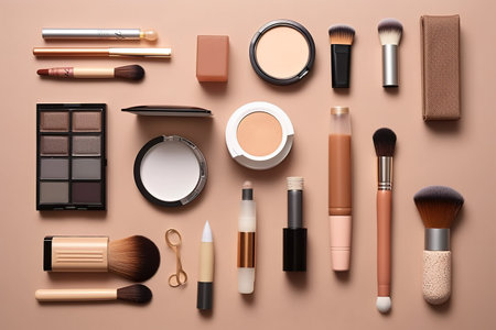 collection of make up and cosmetic beauty products arranged on brown background. AI Generatedの素材