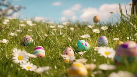 Colorful easter eggs on green grass with white daisies. AI Generatedの素材
