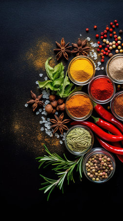 Spices and herbs on black background. Food and cuisine ingredients. AI Generatedの素材