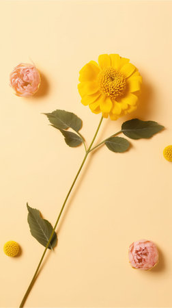 Flowers composition on yellow background. Flat lay, top view. AI Generatedの素材